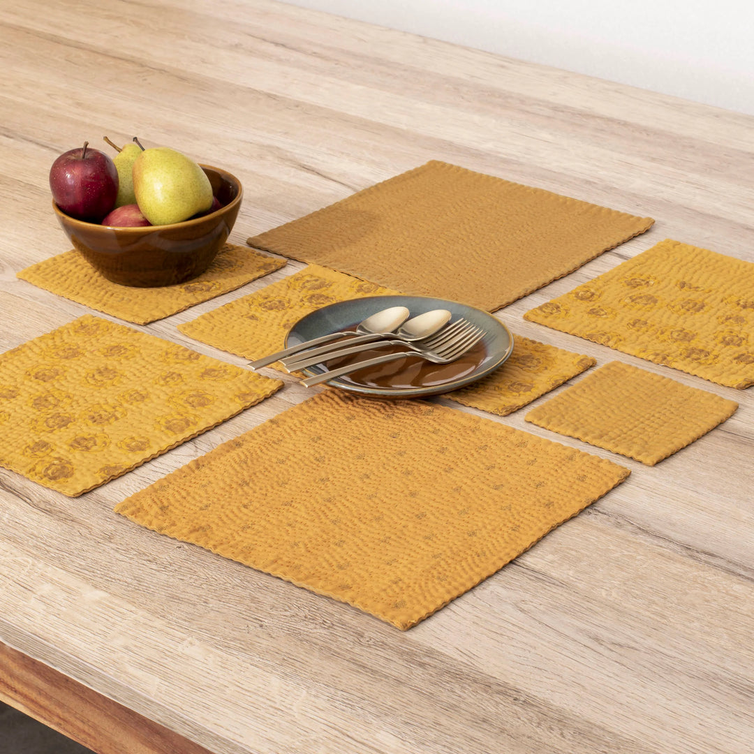 Printed Fray Handmade Kantha Coasters -Golden (Set of 2)