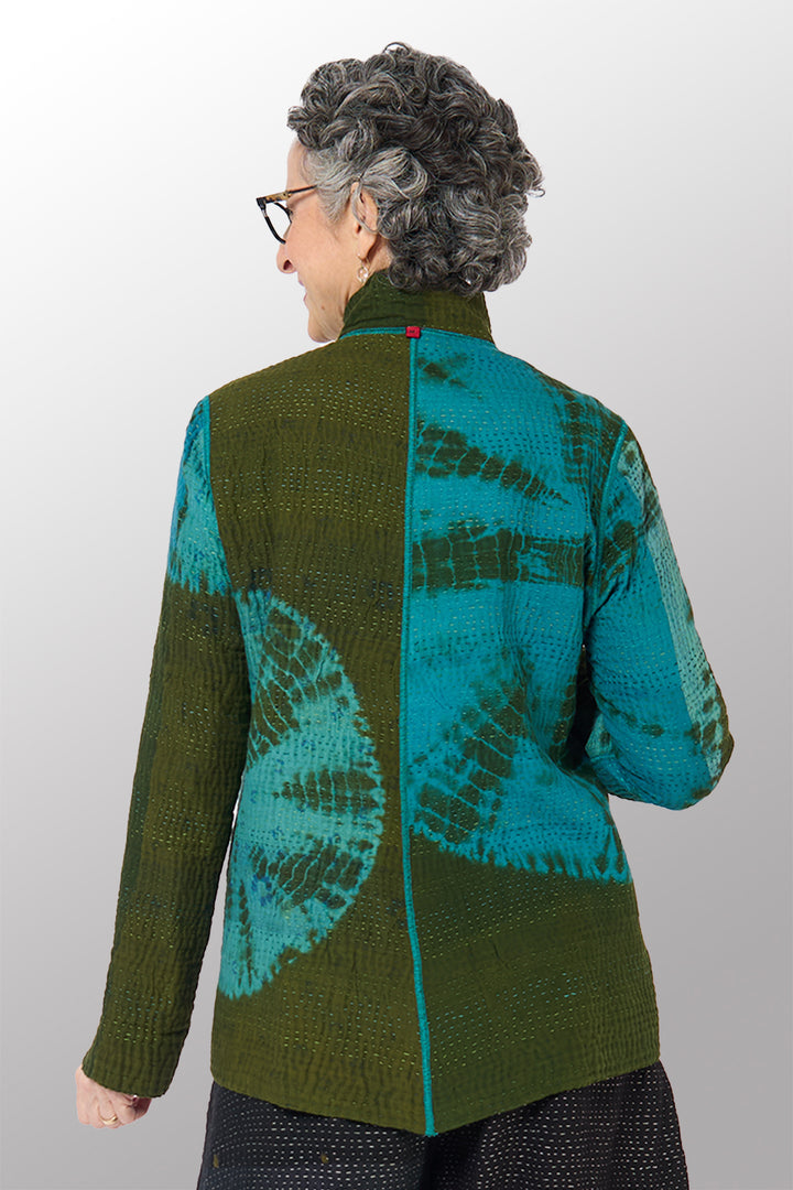 SHIBORI TIE DYE COTTON SILK SW PATCH KANTHA SIMPLE JKT - st-ws4022-grn -