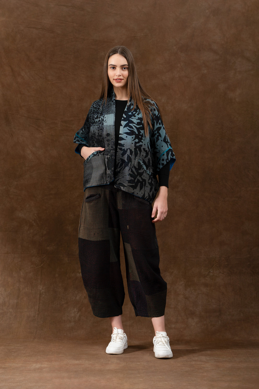 MONOTONE TWILIGHT PRINT KANTHA MINI PONCHO - tp4060-blu -