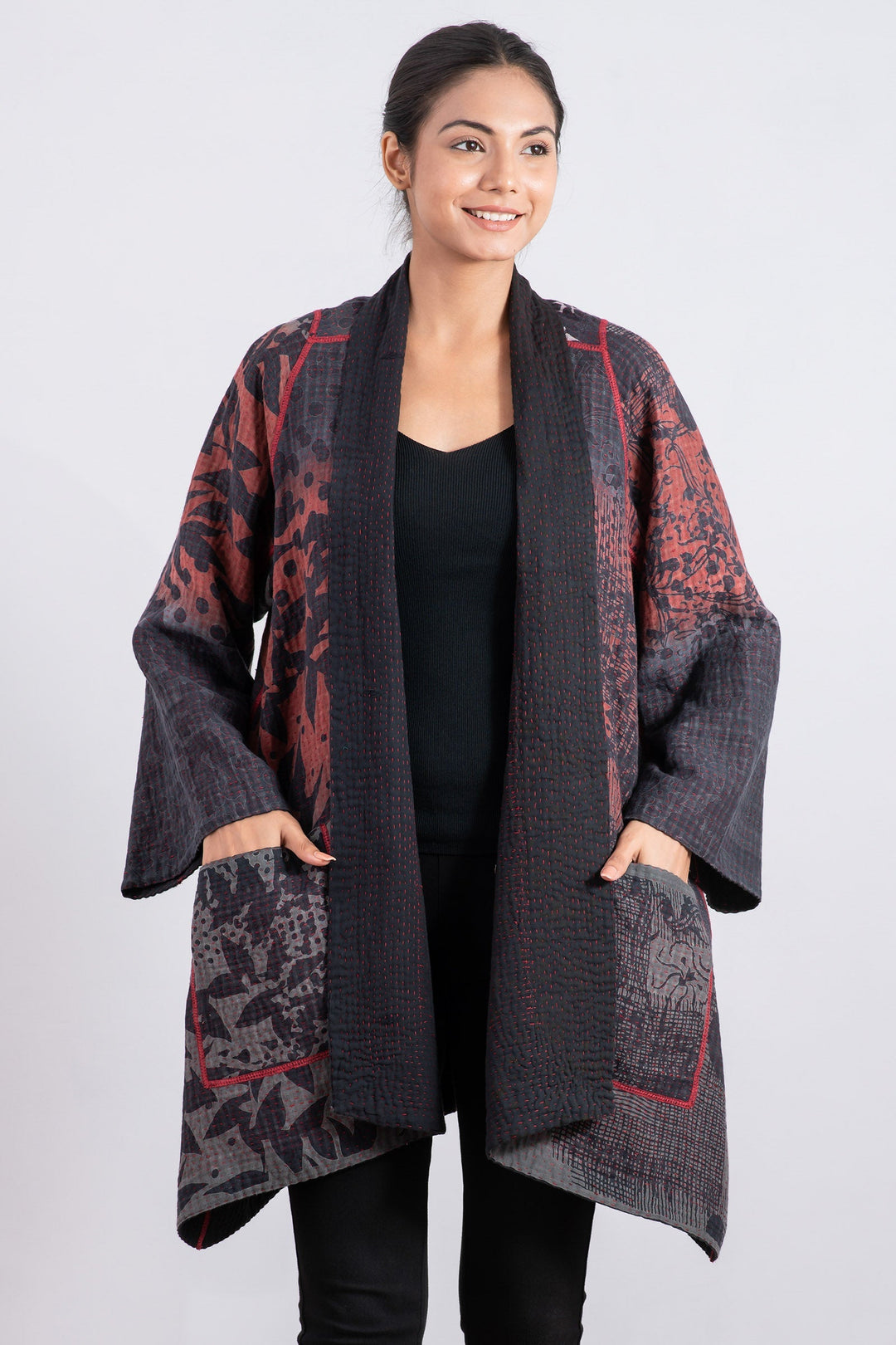 MONOTONE TWILIGHT PRINT KANTHA A-LINE JKT - tp4003-red -