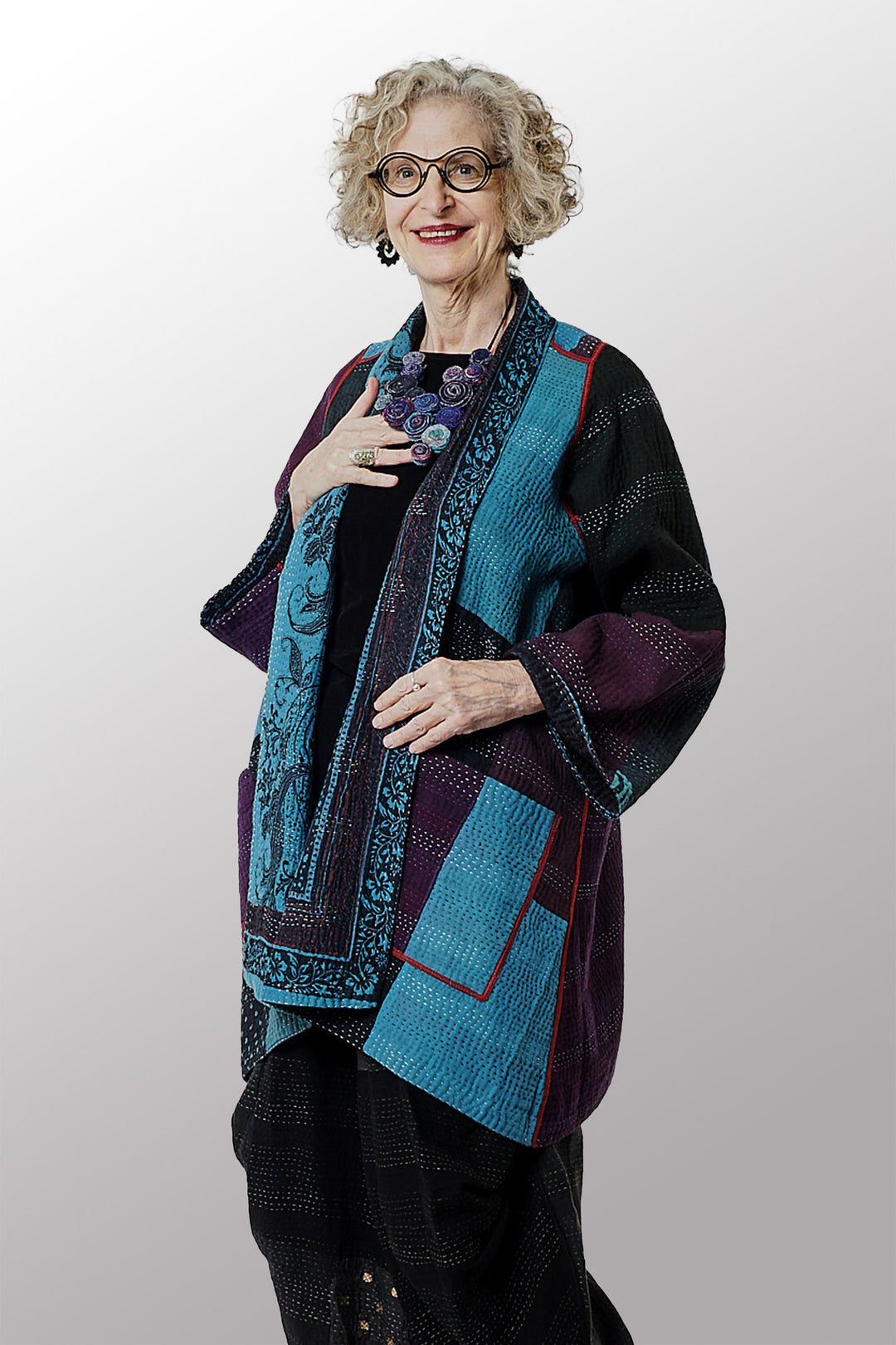 OVERDYED PAISLEY & PATCH KANTHA A-LINE JKT - py4003-blu -