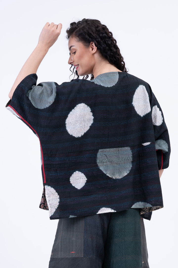 PATCH & CIRCLE PRINT KANTHA BOAT NECK DOLMAN TOP - pc2t100-blk -