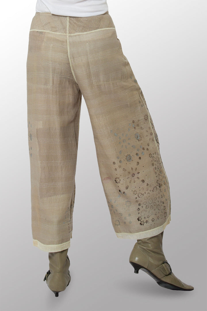 MOSAIC FRAY PATCH KANTHA MID RISE WIDE LEG PANTS - zb2665-ivy -