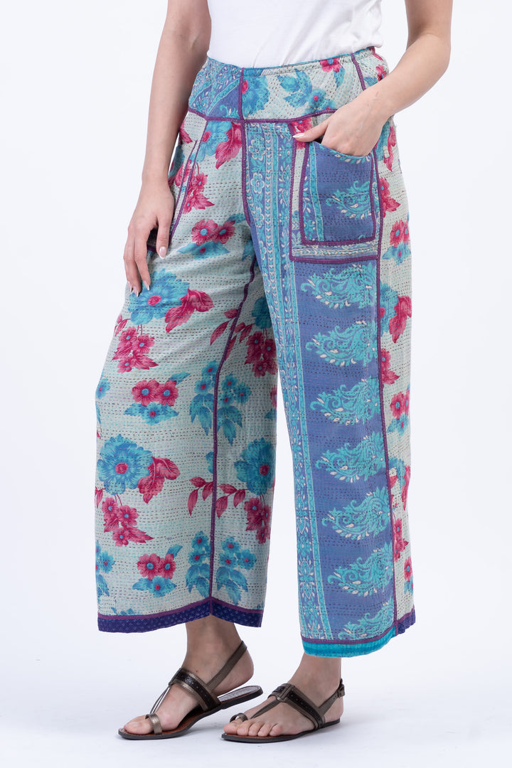 COTTON OVERDYE KANTHA MID RISE WIDE LEG PANTS - ov2665-cblu001m -