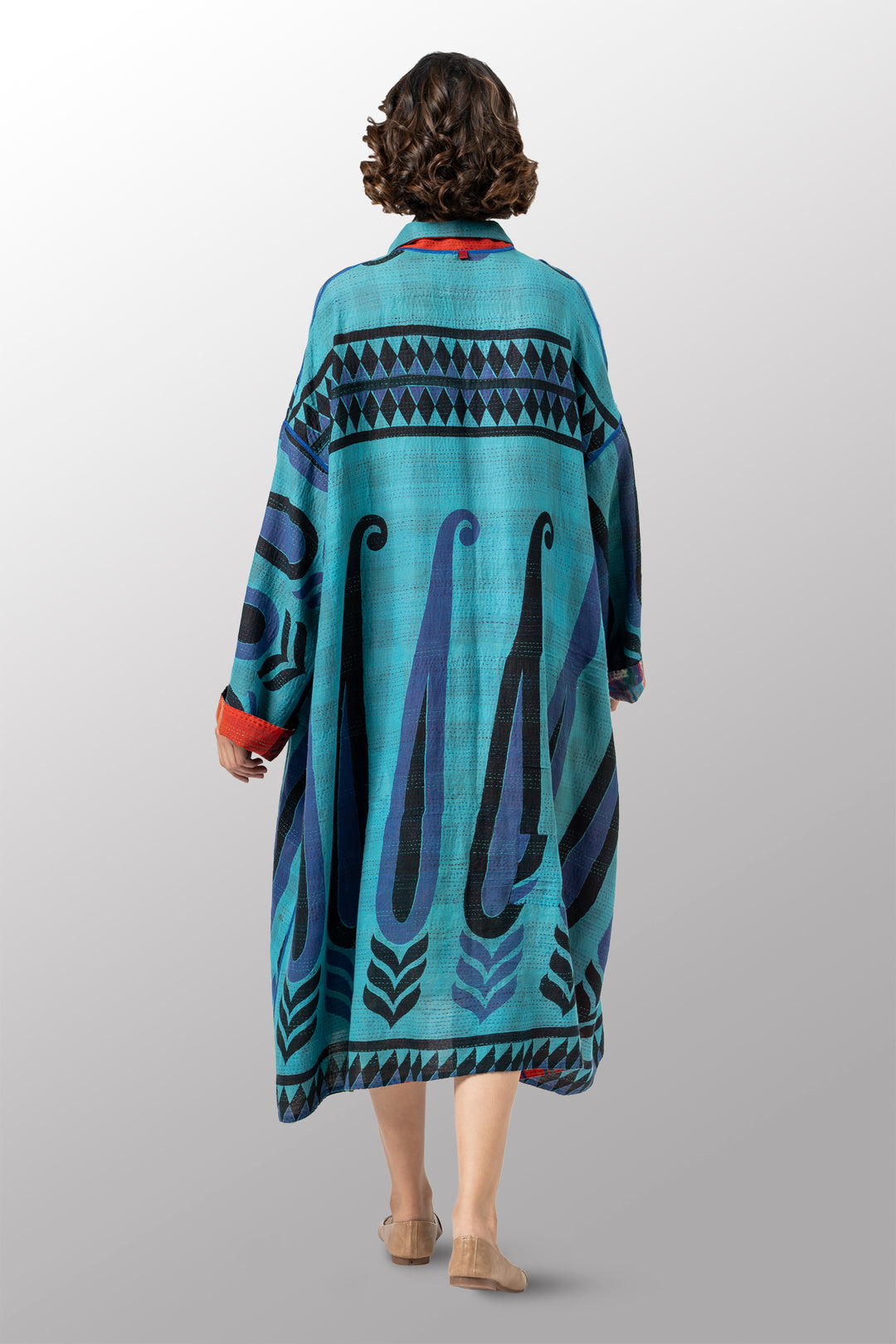 VINTAGE SILK GEORGETTE COTTON KANTHA NEW OVERSIZED COAT - gc2342-0001a -