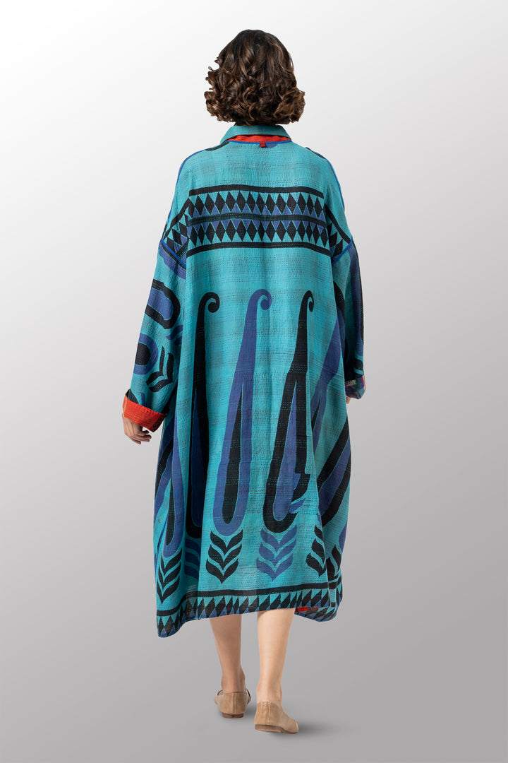 VINTAGE SILK GEORGETTE COTTON KANTHA NEW OVERSIZED COAT - gc2342-0001a -