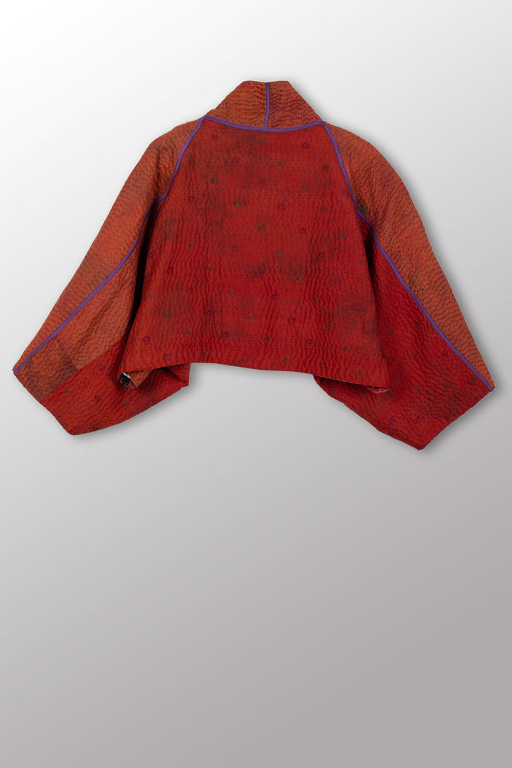 GEORGETTE JACQUARD VINTAGE SILK PATCH KANTHA PUFF SLV. SHRUG - gj4062-org -