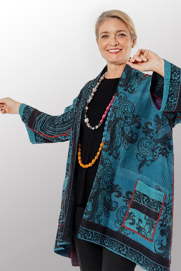 OVERDYED PAISLEY & PATCH KANTHA A-LINE JKT - py4003-blu -