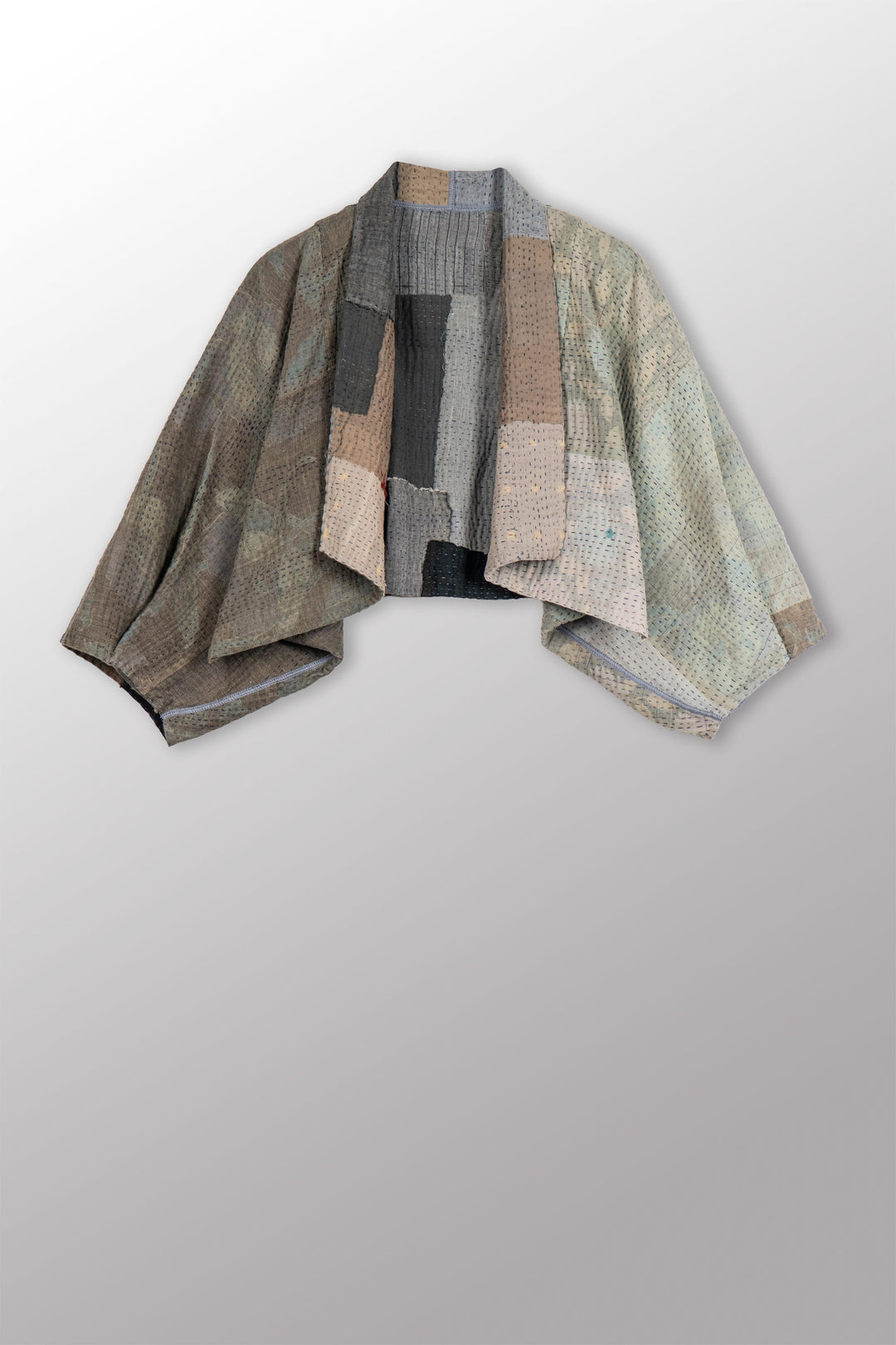 FRAYED PATCH KANTHA PUFF SLV. SHRUG - fi4062-glk -