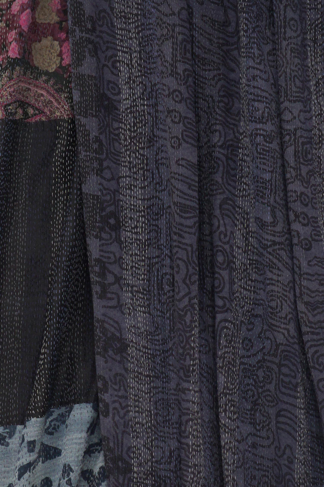 GEORGETTE VINTAGE SILK PATCH KANTHA SHAWL LARGE - gs2803-blk -