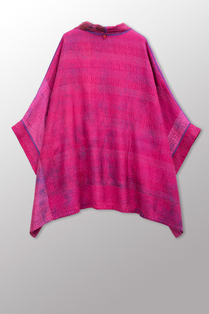 GEORGETTE JACQUARD VINTAGE SILK PATCH KANTHA DOUBLE COLLAR PONCHO - gj4323-pik -