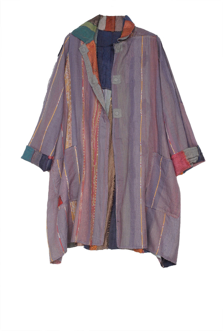 STRIPE FRAYED & HANDWOVEN KANTHA A-LINE DUSTER - ft2311-ntl -