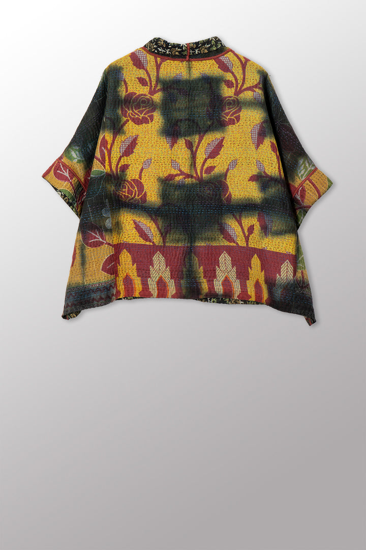 VINTAGE COTTON GREY CLAMP TIE DYE KANTHA MINI PONCHO - su4060-0002a -