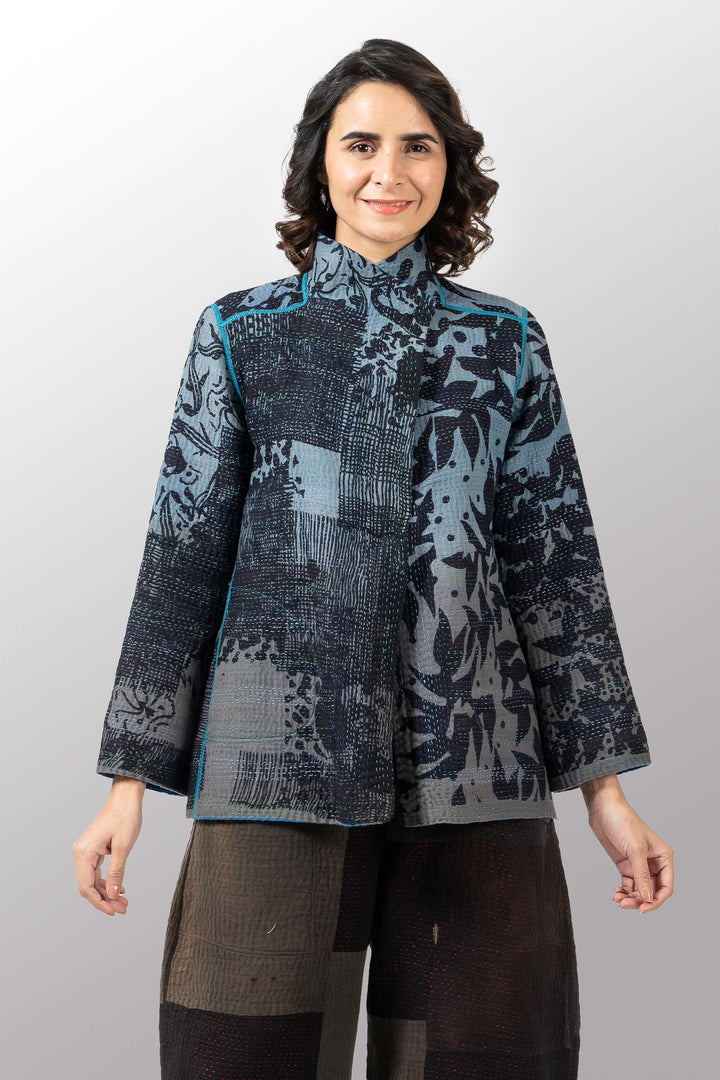 MONOTONE TWILIGHT PRINT KANTHA SHORT JKT - tp4007-blu -