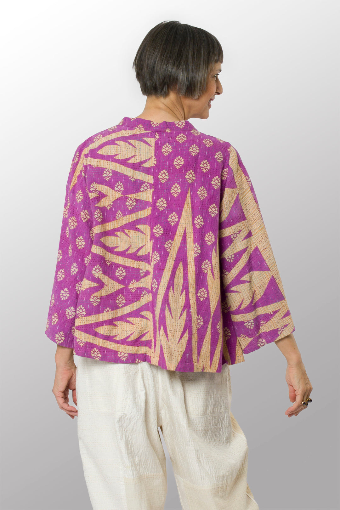 VINTAGE COTTON KANTHA V-NECK FLARE TOP - cv2567-0001m -