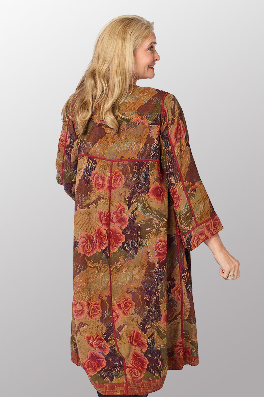 GEORGETTE JACQUARD VINTAGE SILK PATCH KANTHA WRAP FLARE COAT - gj2330-0002a -