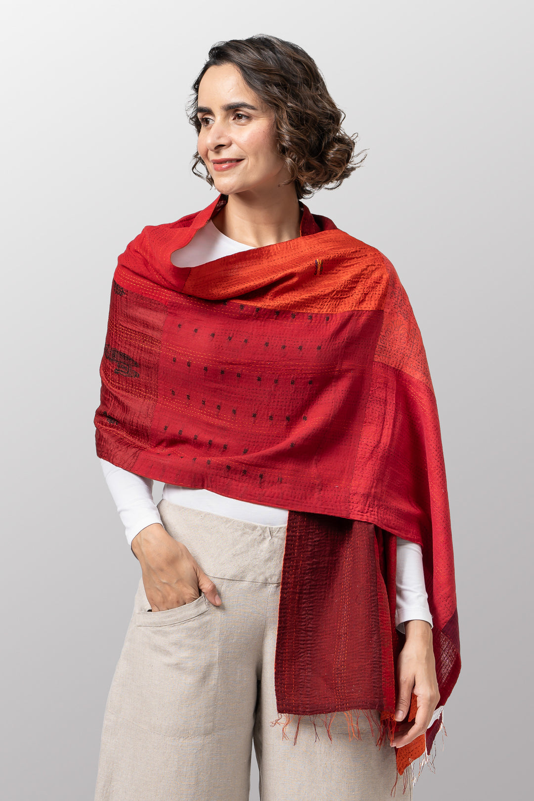 COTTON SILK SW PATCH OMBRE KANTHA SCARF STANDARD - wo2801-org -