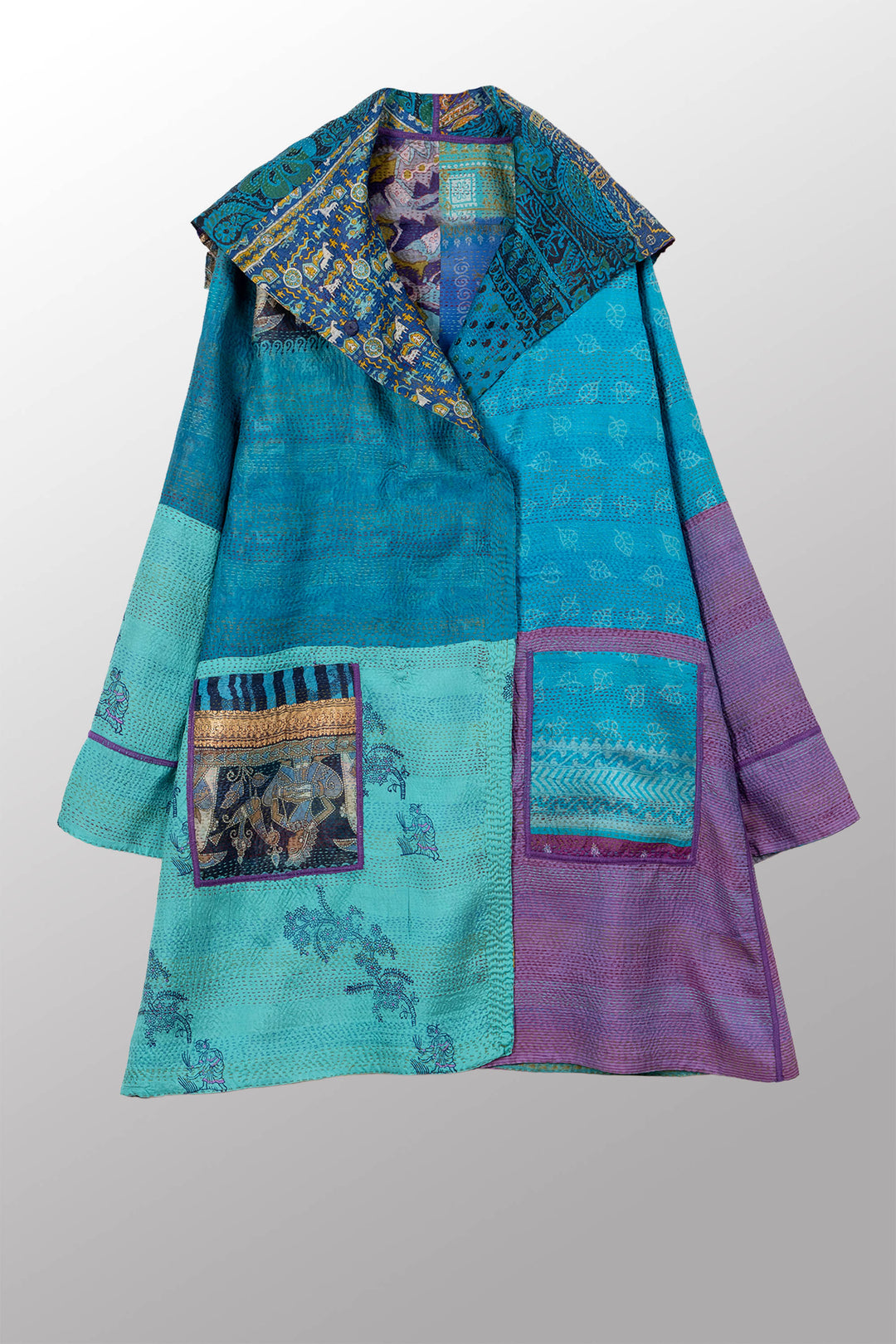 VINTAGE SILK KANTHA POCKET MEDIUM COAT - sv2316-0011m -