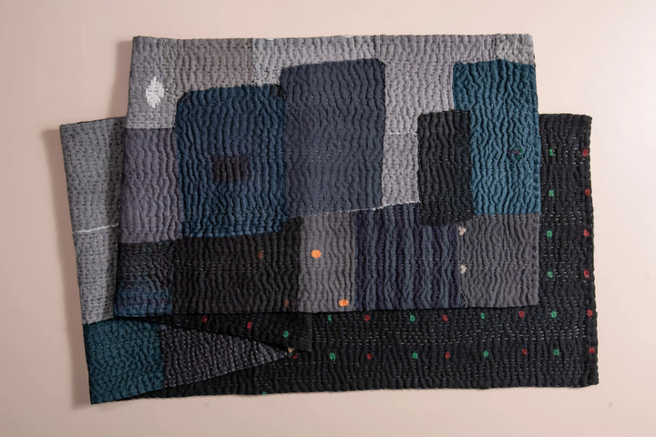 Landscape Fray Patch Vintage Kantha Runner -Black