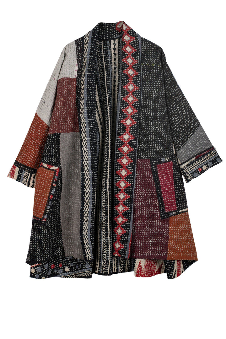 WAFFLE IKAT KANTHA KIMONO LONG JACKET - wi3005-red -