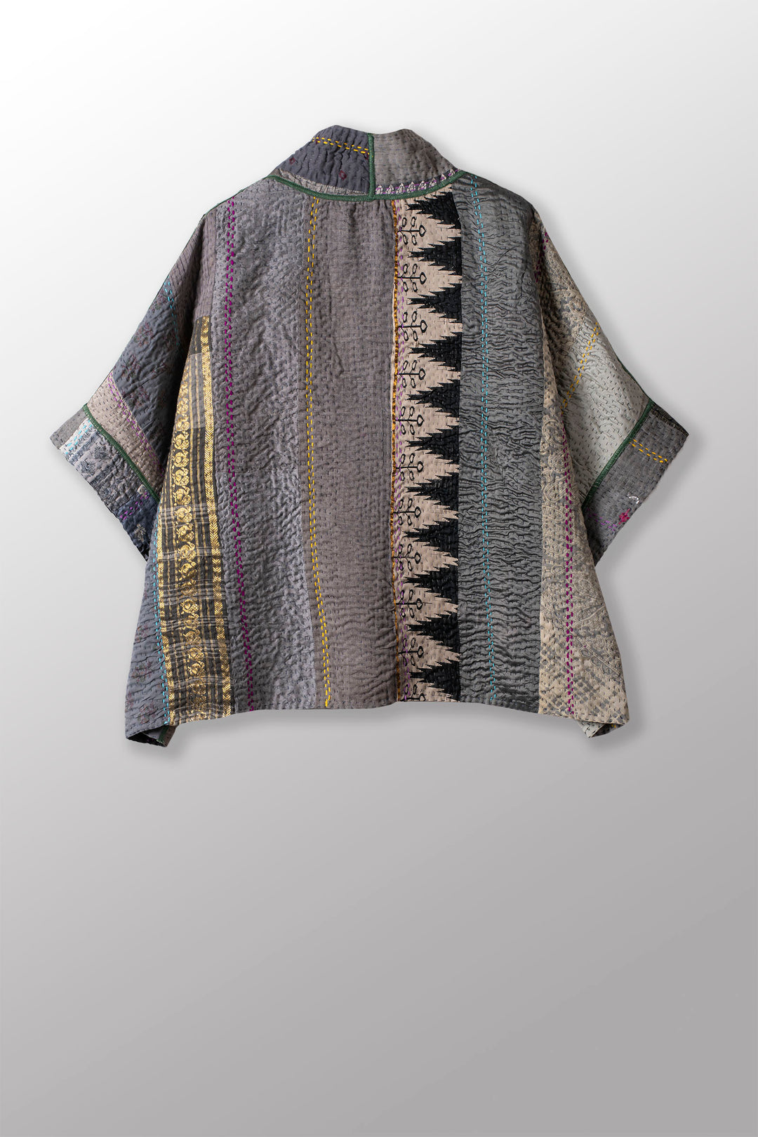 JEWEL WOVEN WITH VERTICAL PATCH KANTHA MINI PONCHO - jv4060-gry -