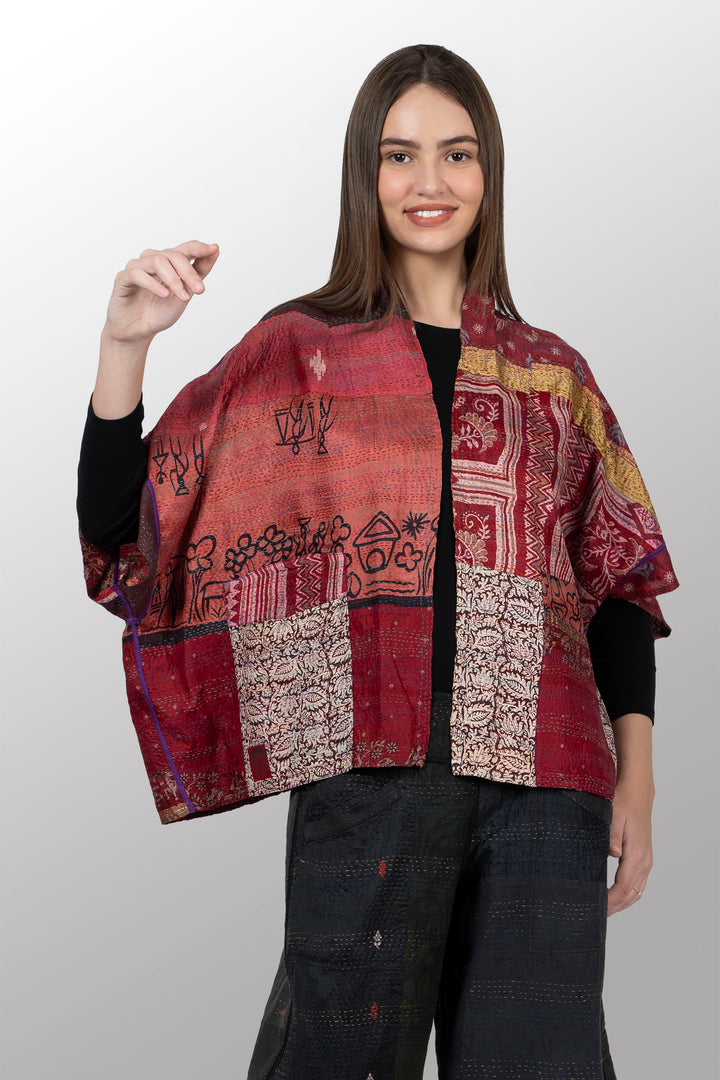 VINTAGE SILK KANTHA MINI PONCHO - sv2060-0006a -