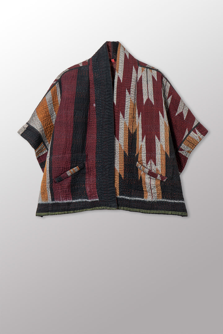 WOVEN HANDLOOM IKAT WITH OMBRE KANTHA MINI PONCHO - wh4060-red -
