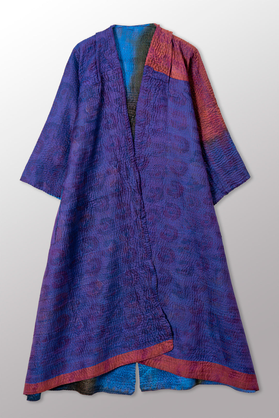 VINTAGE PRINTED SILK CLAMP DYE WITH JACQUARD KANTHA KIMONO MAXI - sk4318-0001a -