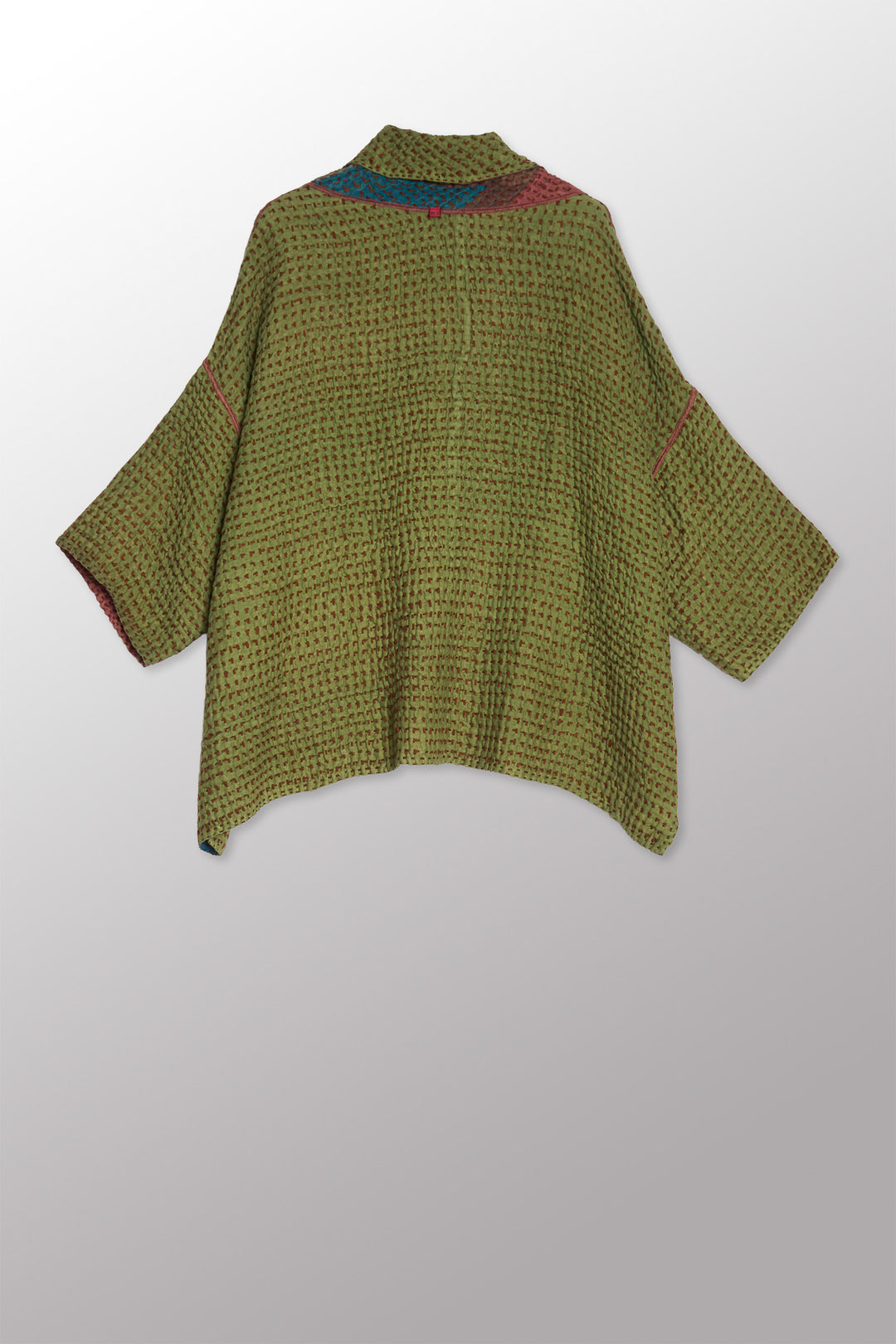 ABSTRACT WAFFLE KANTHA COWL NECK PONCHO - bw3061-red -