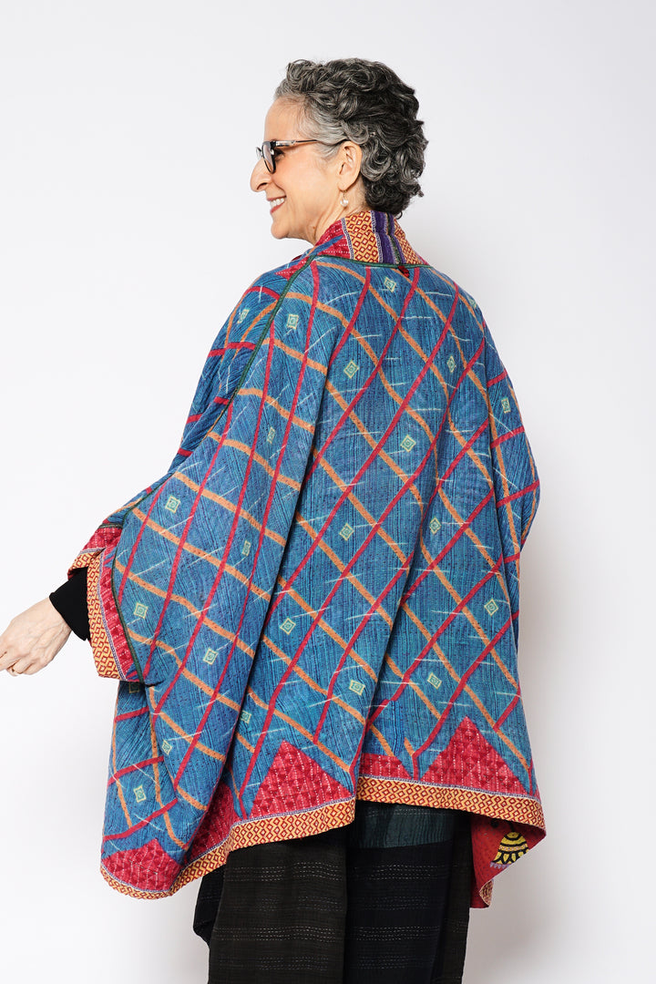 VINTAGE COTTON KANTHA DOUBLE COLLAR PONCHO - cv4323-0065a -