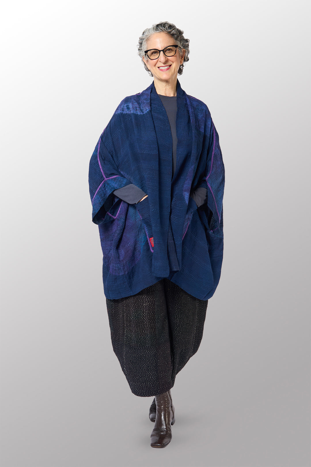 SHIBORI TIE DYE GEORGETTE VINTAGE SILK PATCH KANTHA DOUBLE COLLAR PONCHO - st-gs2323-nvy -