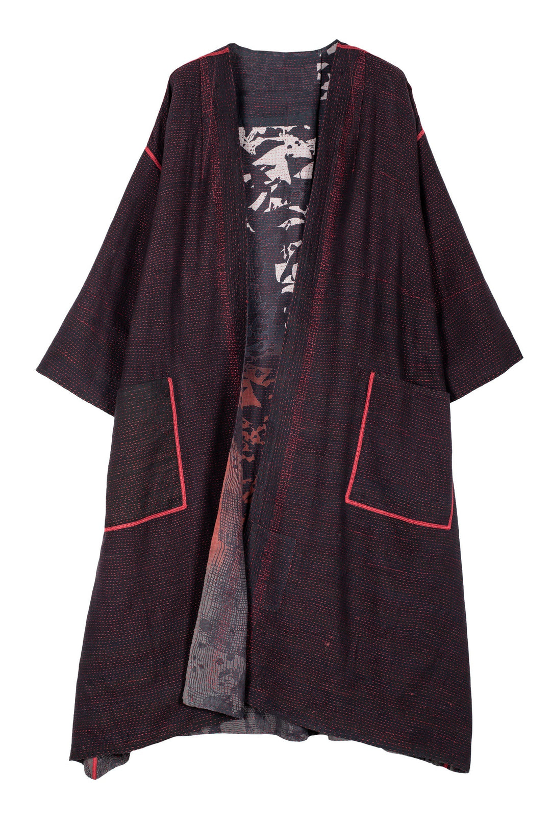 MONOTONE TWILIGHT PRINT KANTHA LONG DUSTER - tp2328-red -