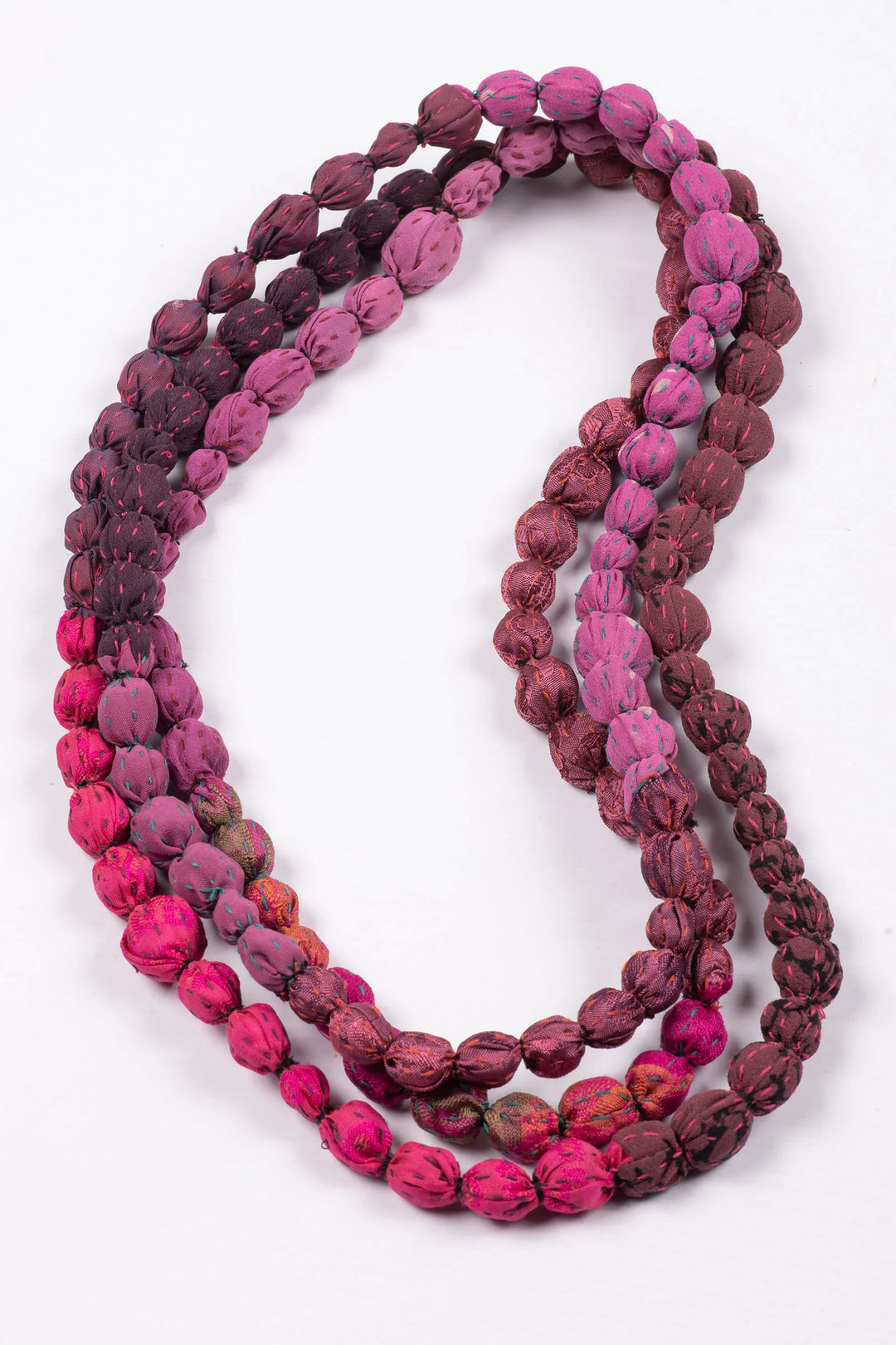 GEORGETTE JACQUARD VINTAGE SILK KANTHA TIE-BEADS LONG NECKLACE - gj2707-ppu -