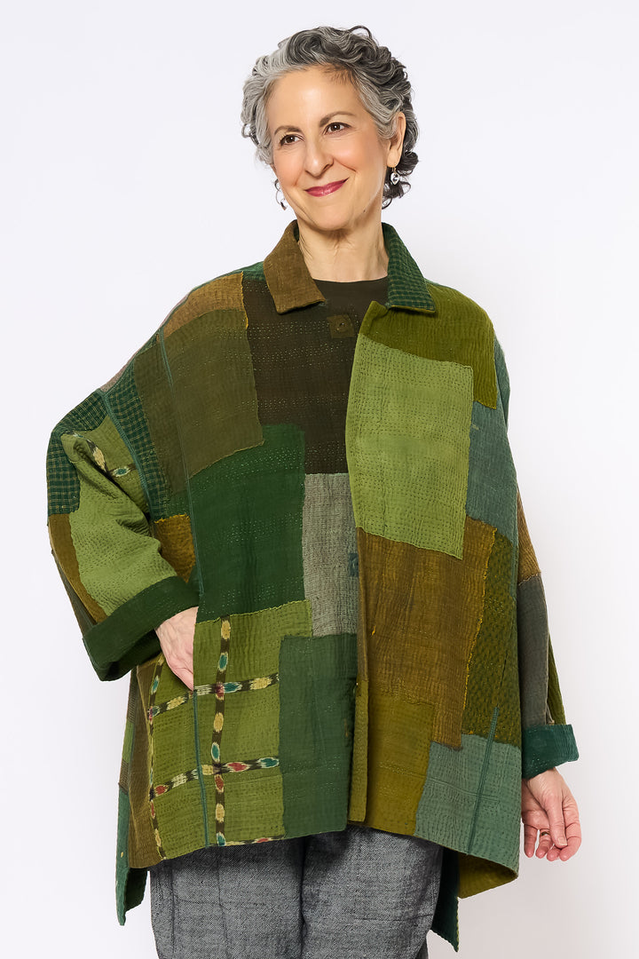 FRAYED PATCH MIX KANTHA OVERSIZED MINI COAT - fm4332-grn -