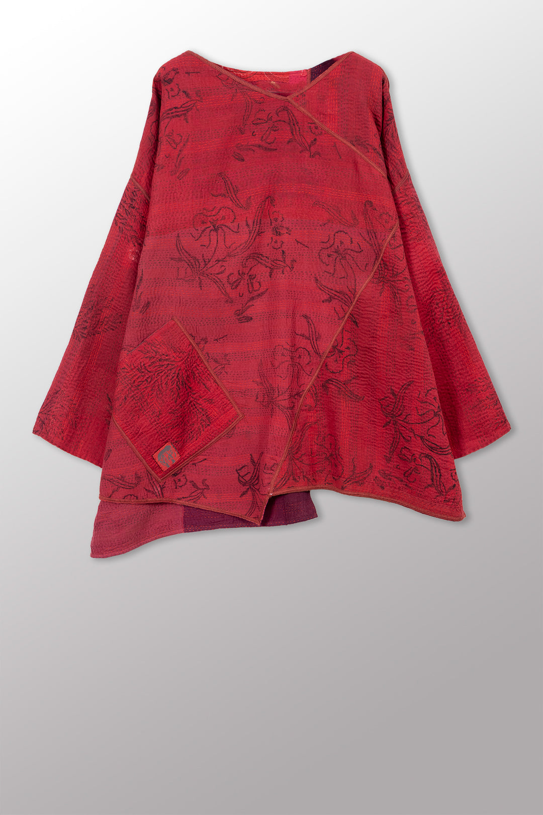 LANDSCAPE FRAYED PATCH KANTHA WITH STAMP OVERSIZED TUNIC - sp-lf2510-red -