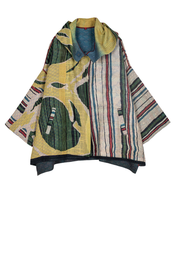 STRIPE AND BENDS KANTHA HOODIE PONCHO - sb4064-grn -