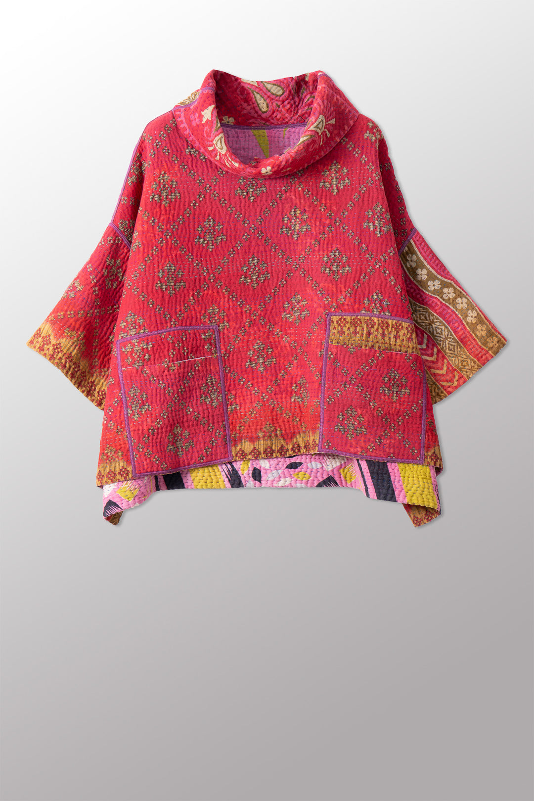 VINTAGE COTTON KANTHA COWL NECK PONCHO - cv4061-0032a -