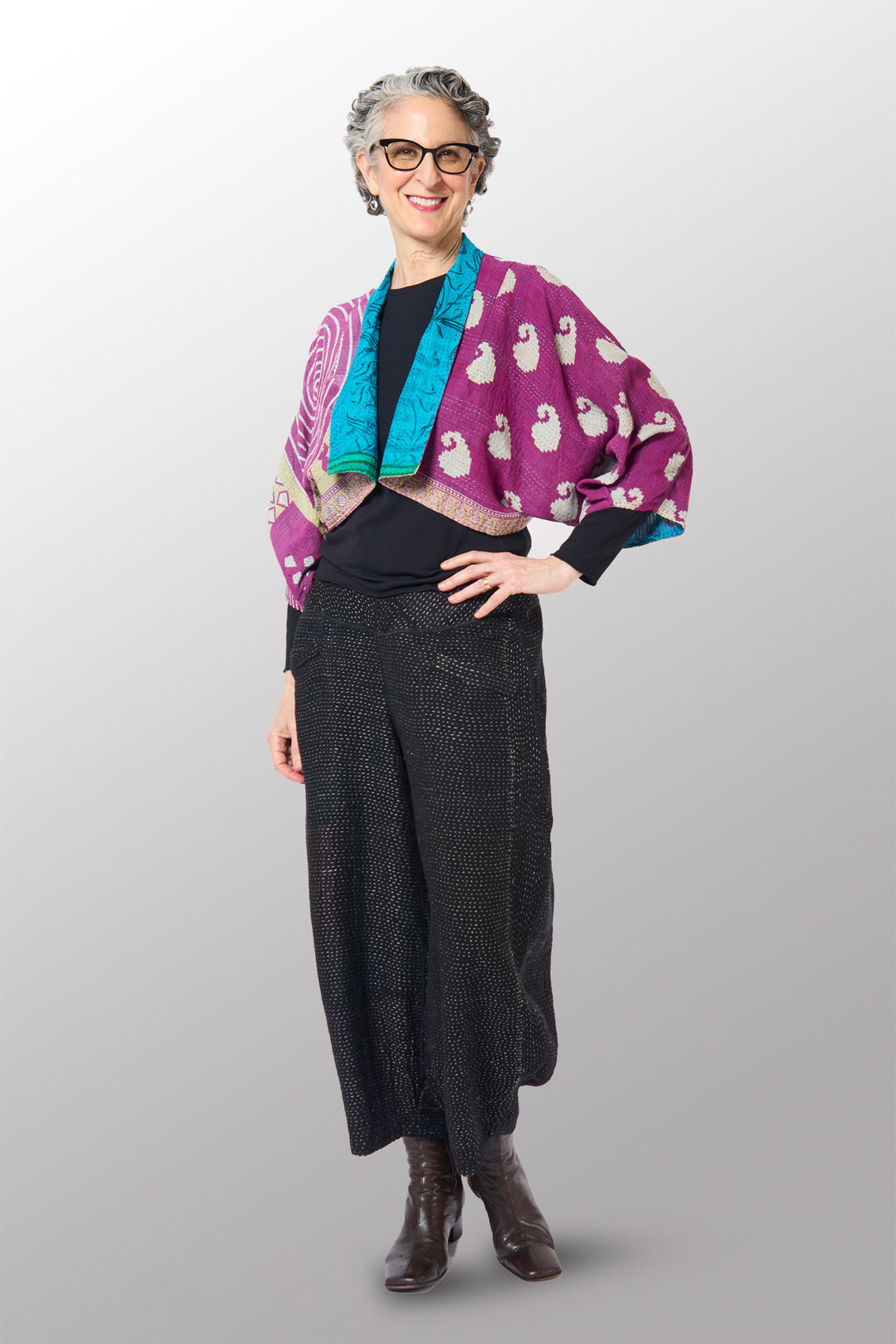 COTTON OVERDYE KANTHA PUFF SLV. SHRUG - ov2062-cblu002a -