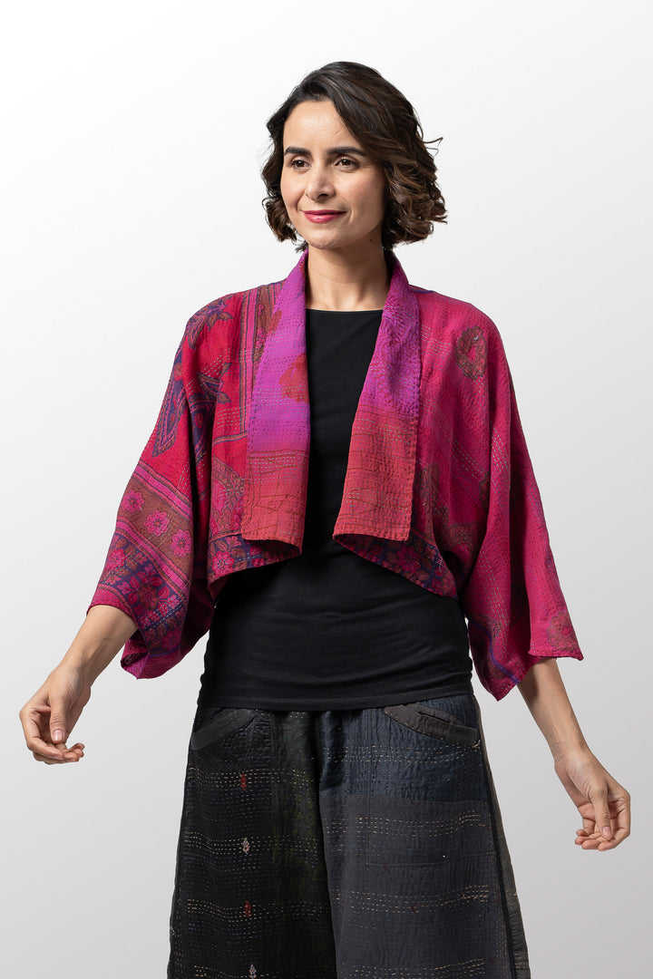 VINTAGE SILK GEORGETTE COTTON KANTHA PUFF SLV. SHRUG - gc2062-0002a -