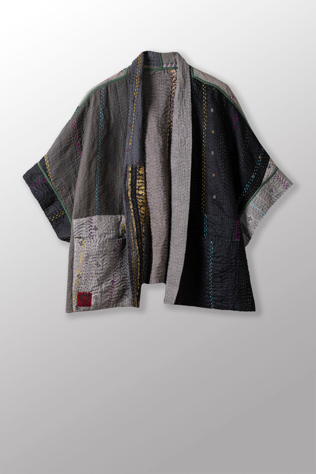 JEWEL WOVEN WITH VERTICAL PATCH KANTHA MINI PONCHO - jv4060-gry -