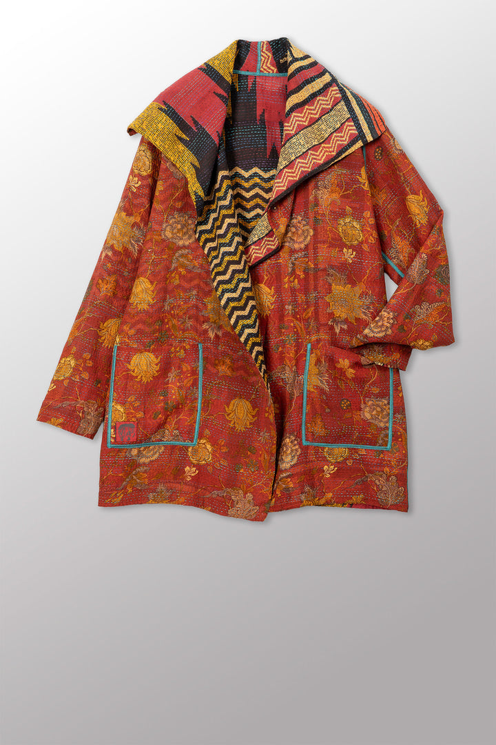 VINTAGE SILK GEORGETTE COTTON KANTHA POCKET JKT - gc2002-0015a -