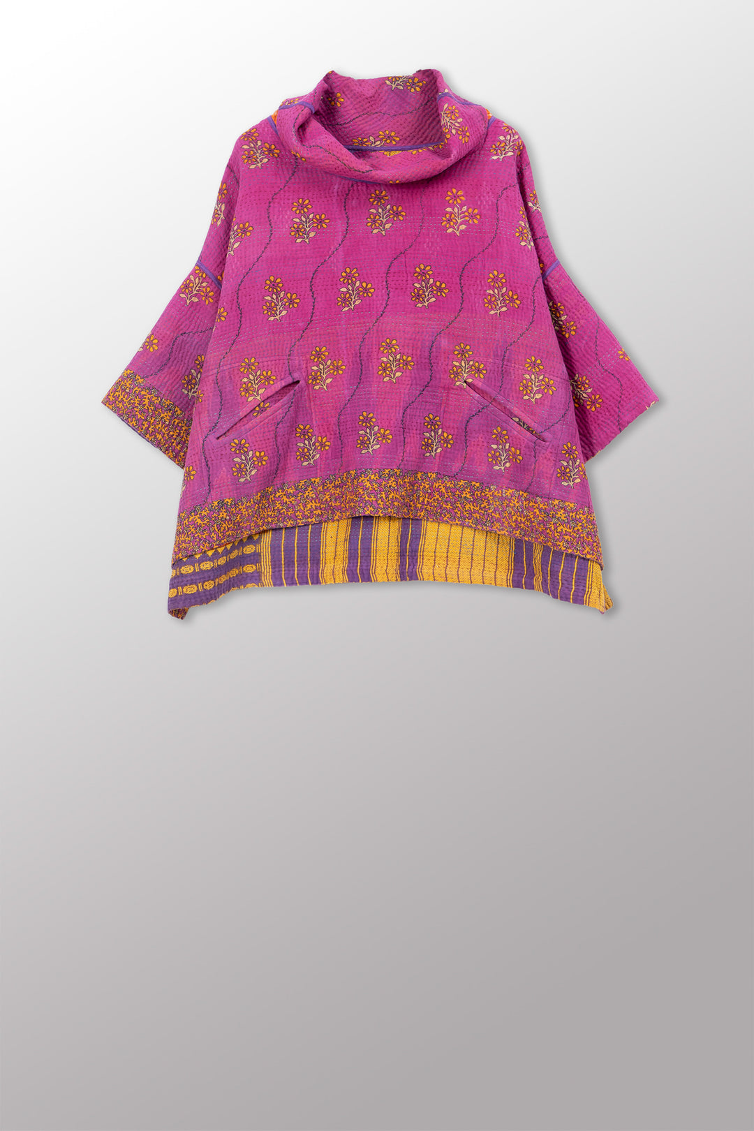 VINTAGE COTTON KANTHA COWL NECK PONCHO - cv4061-0035a -
