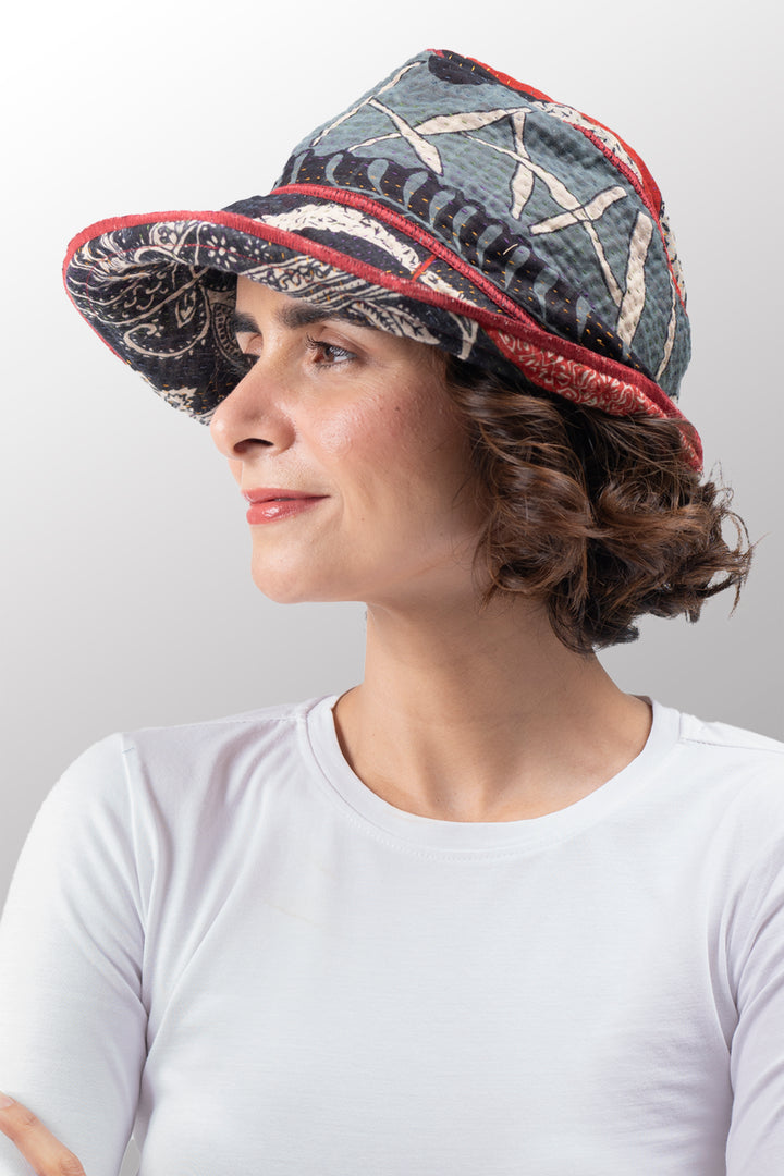 DOT & PAISLEY KANTHA CIRCULAR CUT BRIM HAT - dp4882-nvy -