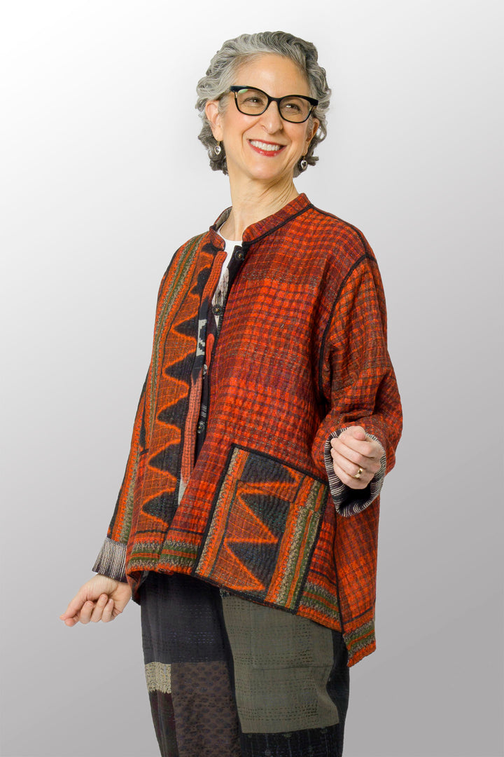 VINTAGE COTTON KANTHA KAFTAN JACKET SHORT - cv4088-0003l -