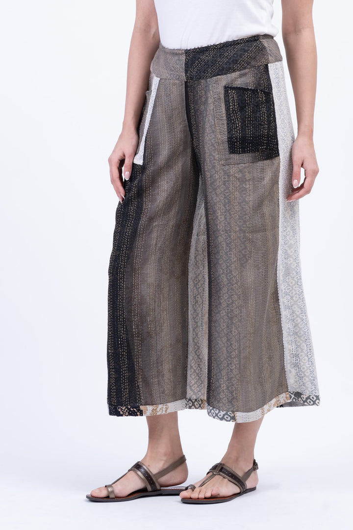 KIMONO COTTON KANTHA MID RISE WIDE LEG PANTS - kc2665-gry -