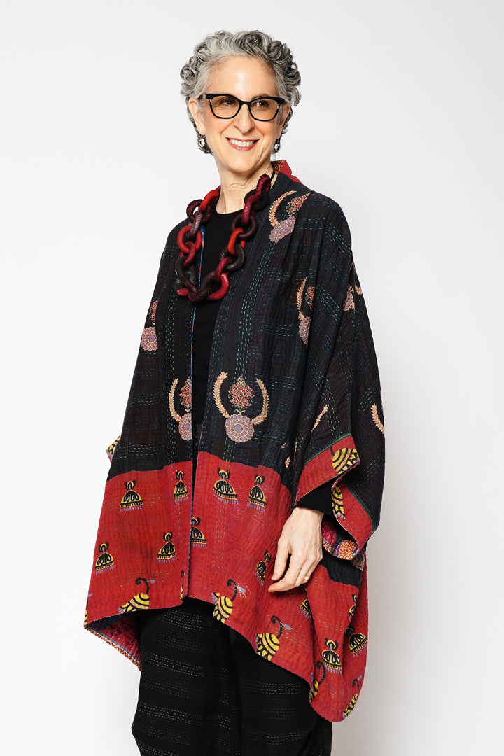 VINTAGE COTTON KANTHA DOUBLE COLLAR PONCHO - cv4323-0065a -