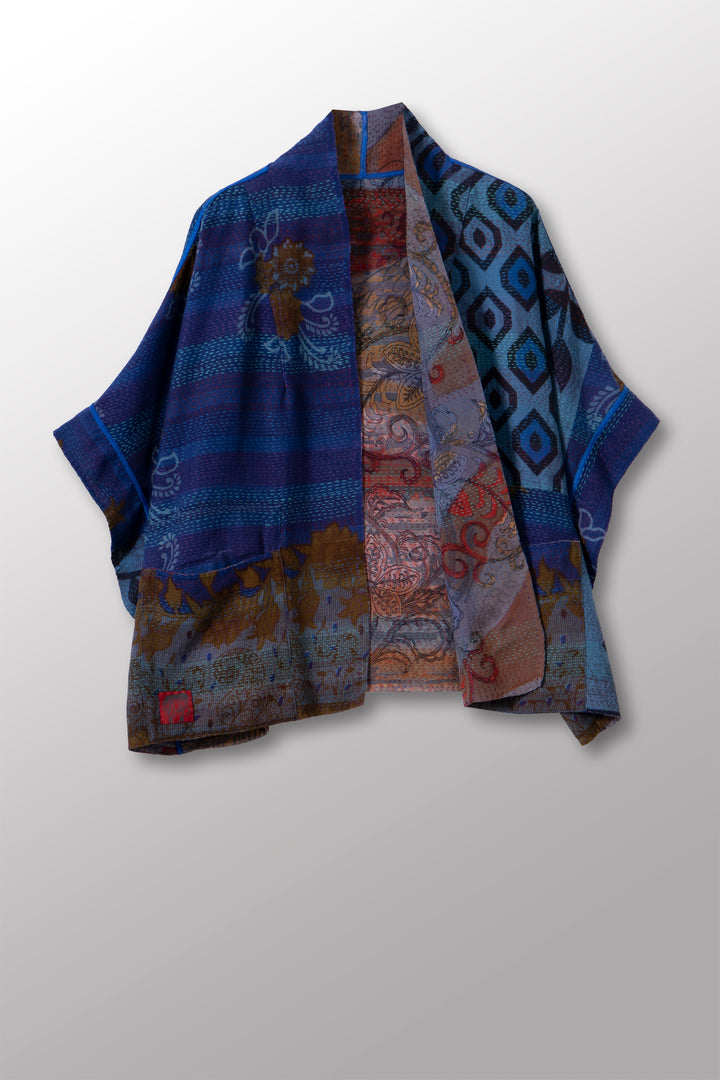 VINTAGE SILK GEORGETTE COTTON KANTHA MINI PONCHO - gc2060-0006a -