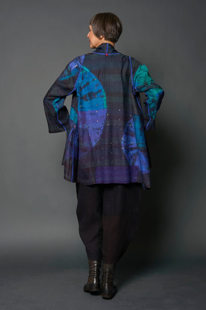 TIE DYE CIRCLE SHIBORI KANTHA A-LINE JACKET - td2003-blu -