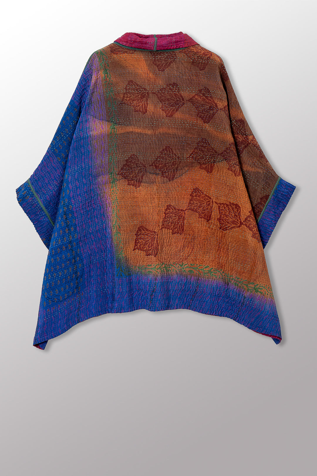 VINTAGE SILK GEORGETTE COTTON KANTHA DOUBLE COLLAR PONCHO - gc4323-0002a -
