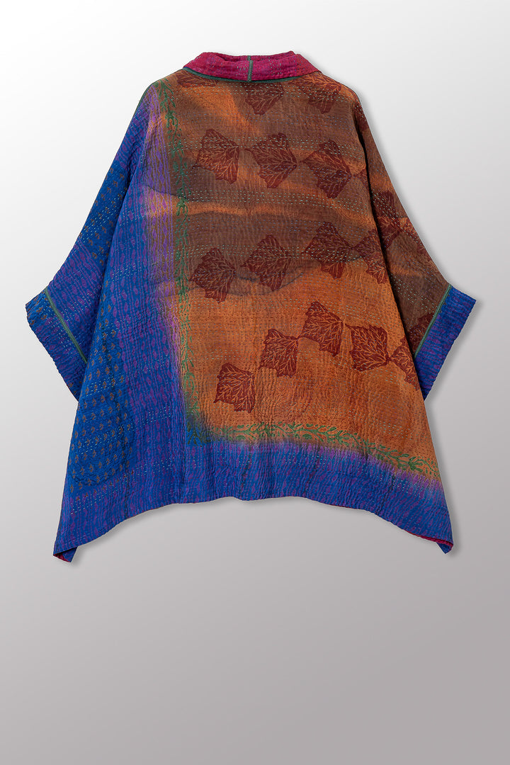 VINTAGE SILK GEORGETTE COTTON KANTHA DOUBLE COLLAR PONCHO - gc4323-0002a -